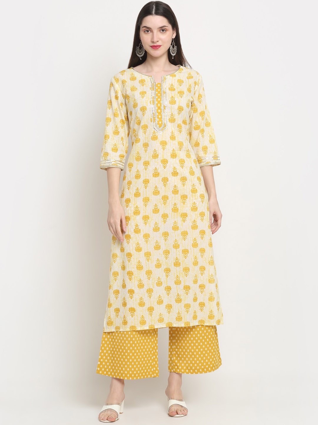 

KALINI Floral Printed Gotta Patti Pure Cotton Kurta with Trousers & Dupatta, Yellow