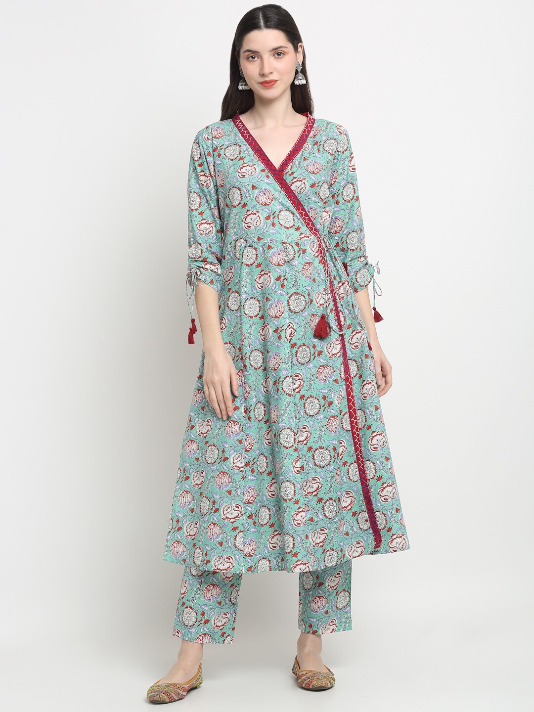 

KALINI Floral Printed V Neck Angrakha Pure Cotton Kurta With Trousers, Sea green