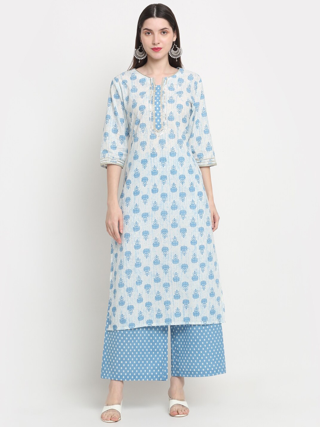 

KALINI Floral Printed Gotta Patti Pure Cotton Kurta with Trousers & Dupatta, Blue