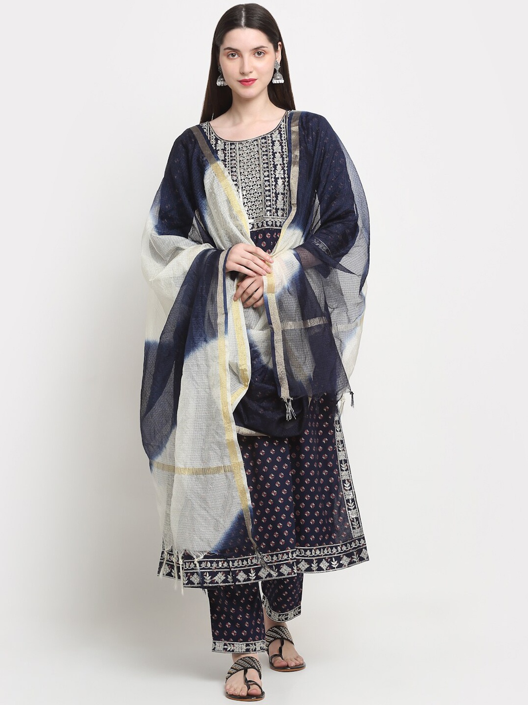 

KALINI Ethnic Motifs Embroidered Pleated High Slit Kurta with Trousers & Dupatta, Navy blue