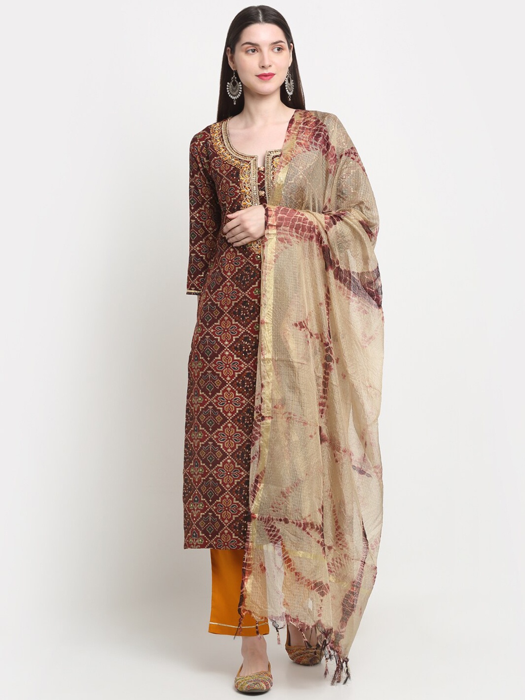 

KALINI Ethnic Motifs Printed Thread Work Kurta with Trousers & Dupatta, Maroon