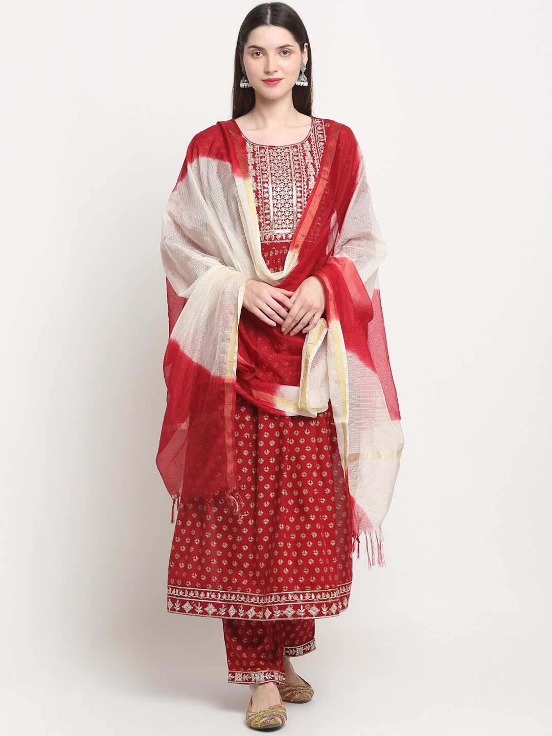 

KALINI Ethnic Motifs Embroidered Pleated Sequined High Slit Kurta with Trousers & Dupatta, Red