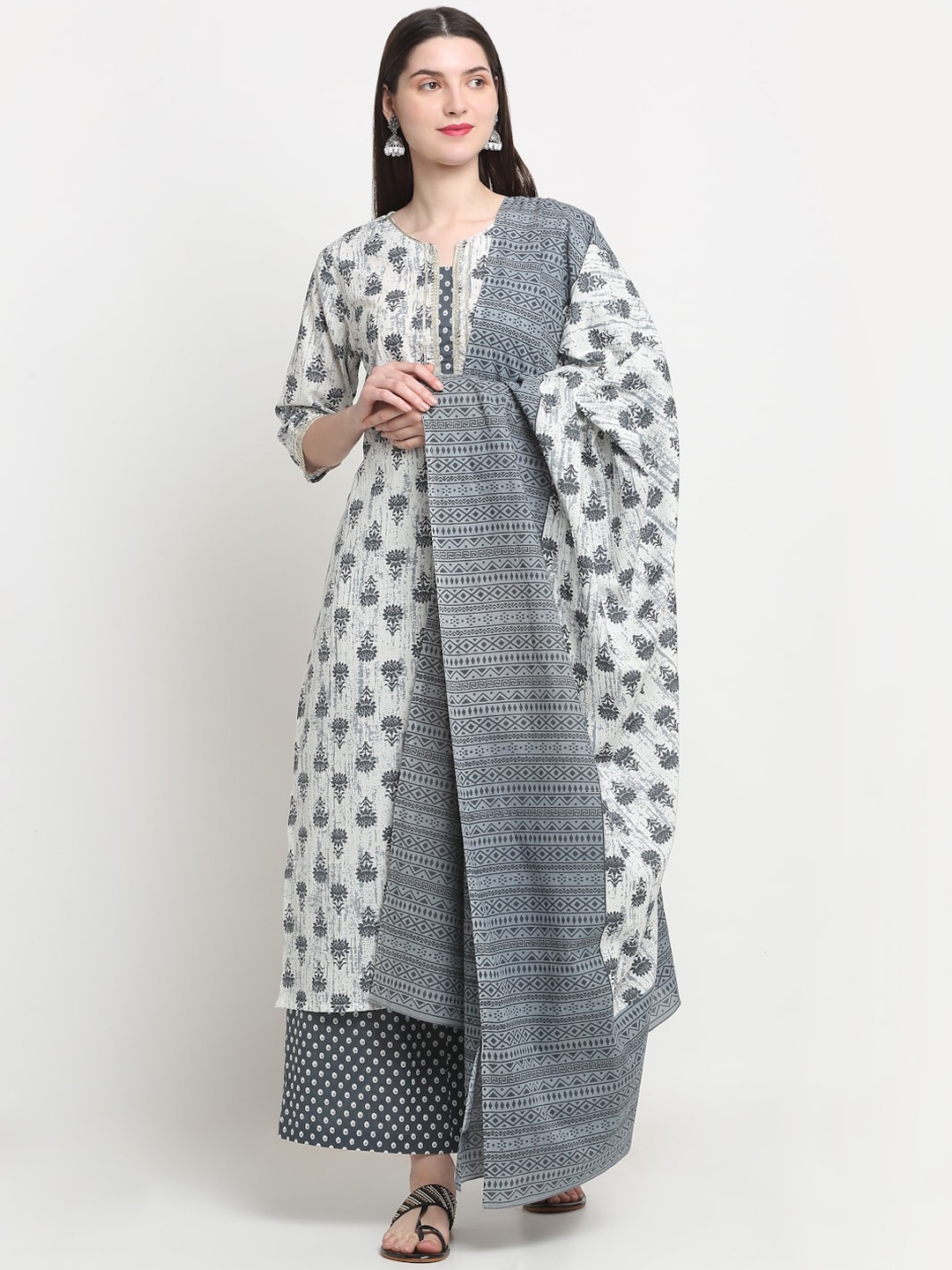 

KALINI Floral Printed Regular Pure Cotton Kurta With Trousers & Dupatta, Grey