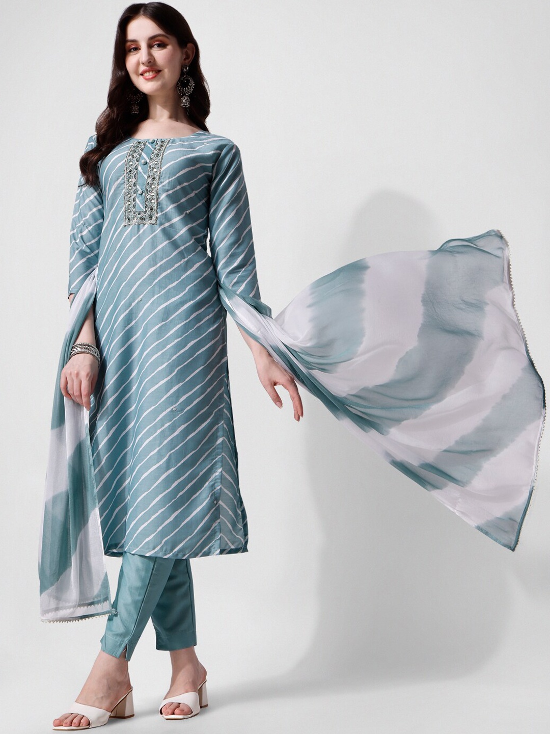 

Berrylicious Leheriya Embroidered Mirror Work Kurta with Trousers & Dupatta, Blue
