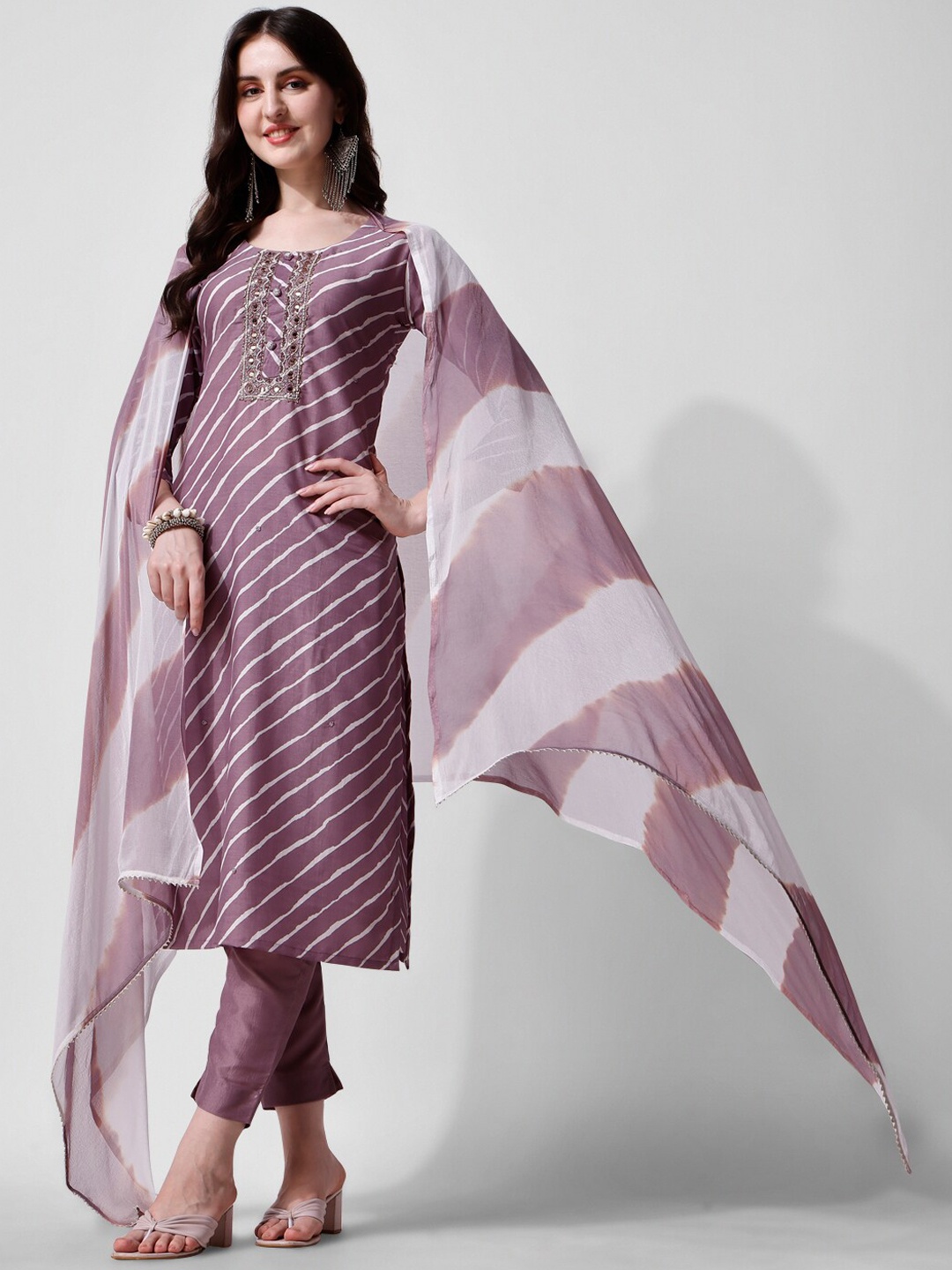 

Berrylicious Leheriya Printed Mirror Work Kurta With Trousers & Dupatta, Lavender