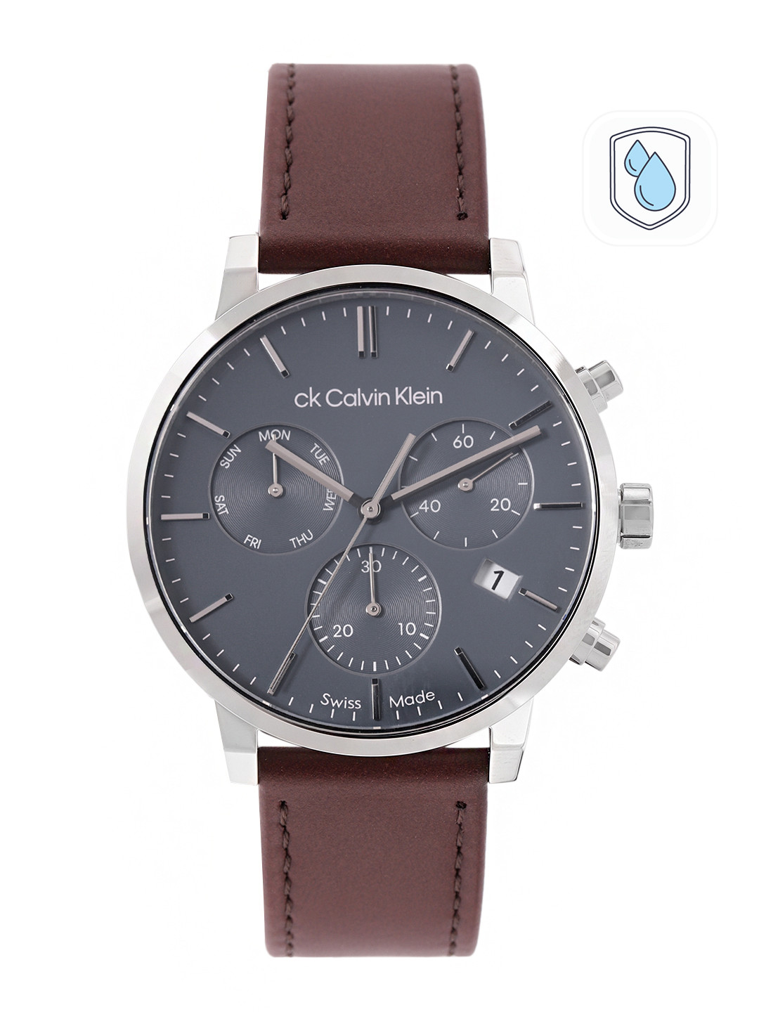 

Calvin Klein Men Swiss Gauge Leather Strap Analogue Chronograph Watch 25000029, Blue