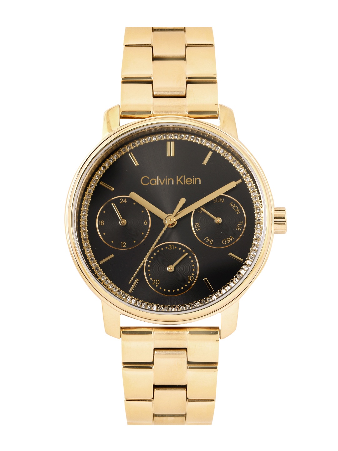 

Calvin Klein Women Minimalistic Embellished Multi Function Bracelet Style Watch 25200177, Black