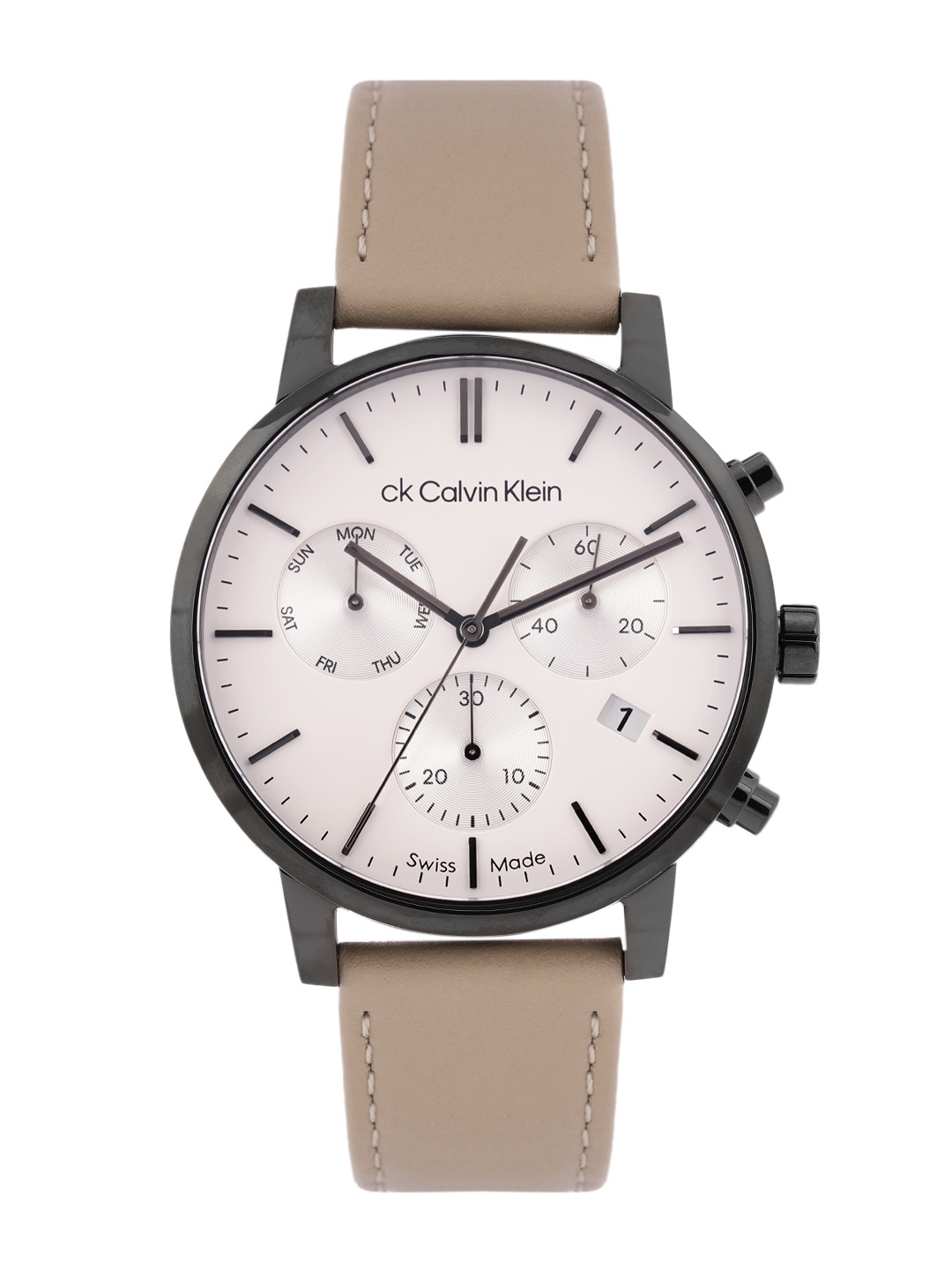 

Calvin Klein Men Swiss Gauge Leather Strap Analogue Chronograph Watch 25000030, White