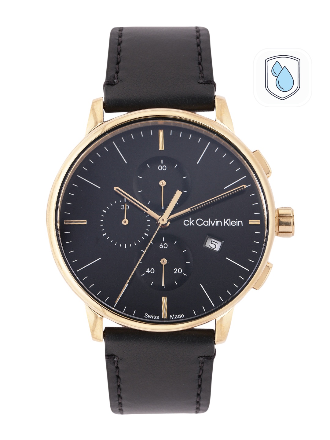 

Calvin Klein Men Leather Strap Analogue Swiss Chronograph Watch 25000038, Black