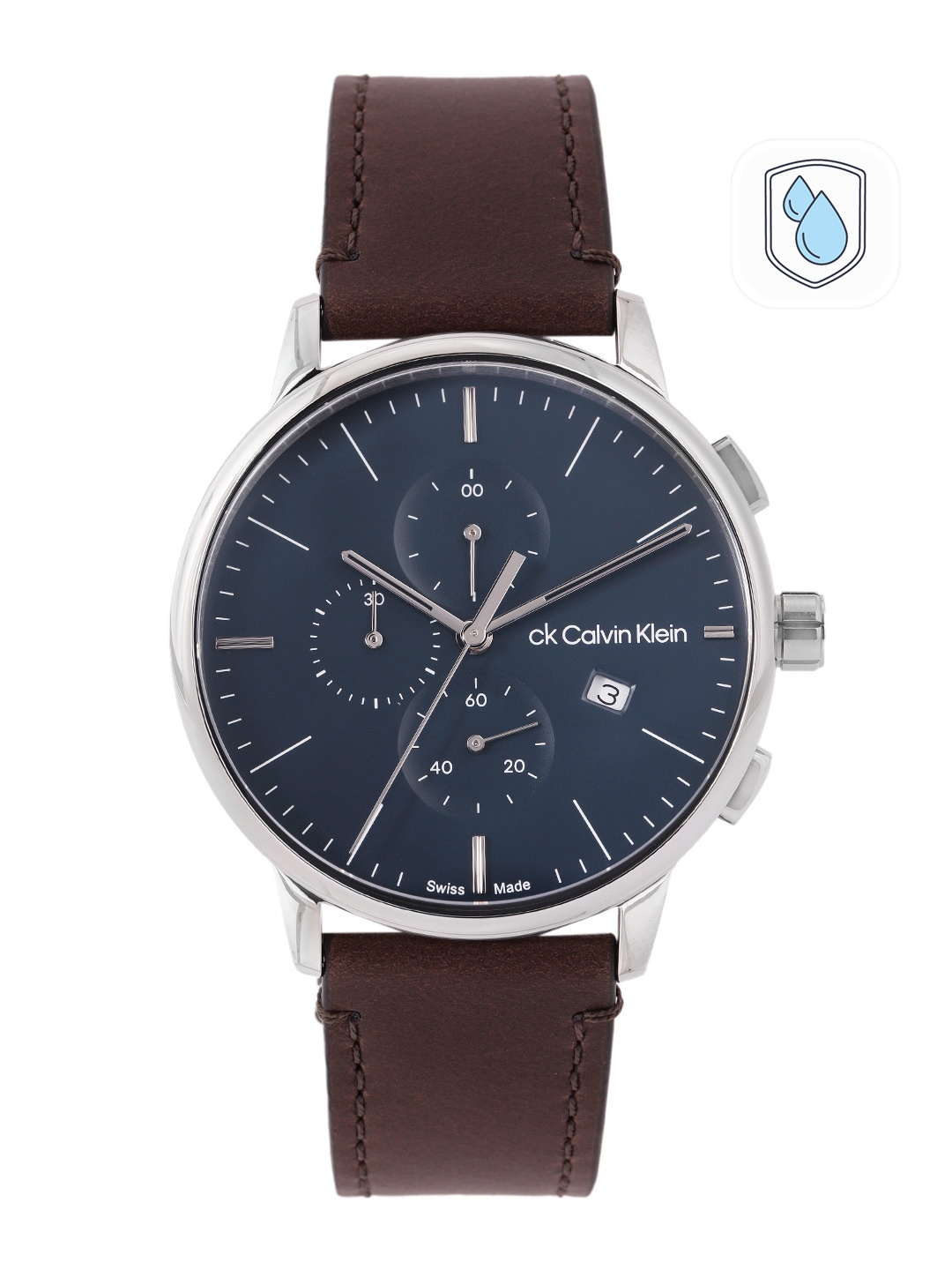 

Calvin Klein Men Leather Strap Analogue Swiss Chronograph Watch 25000040, Blue