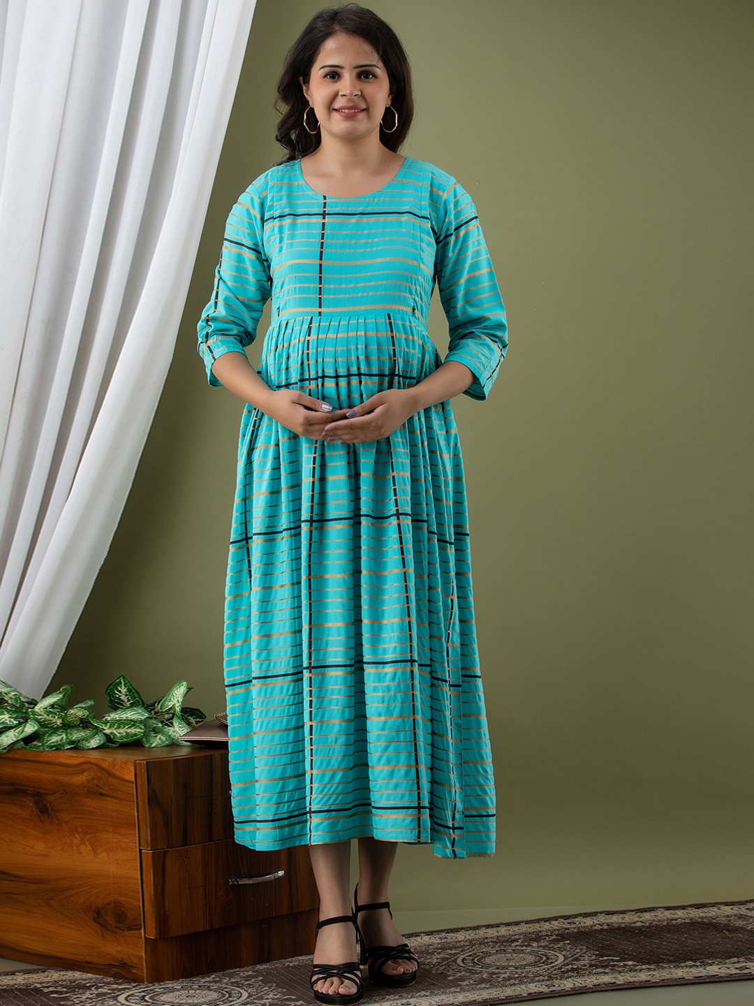 

Mialo fashion Striped Fit & Flare Cotton Maternity Ethnic Dress, Turquoise blue