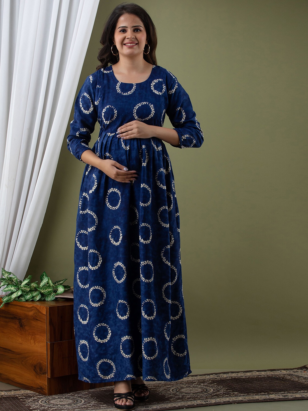 

Mialo fashion Ethnic Motifs Printed Fit & Flare Maxi Cotton Maternity Ethnic Dress, Blue