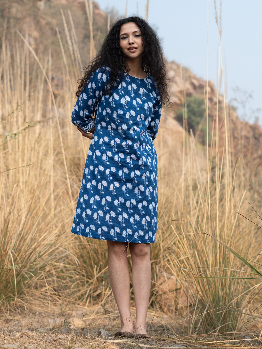 

AKISO Floral Printed Shift Pure Cotton Dress, Blue