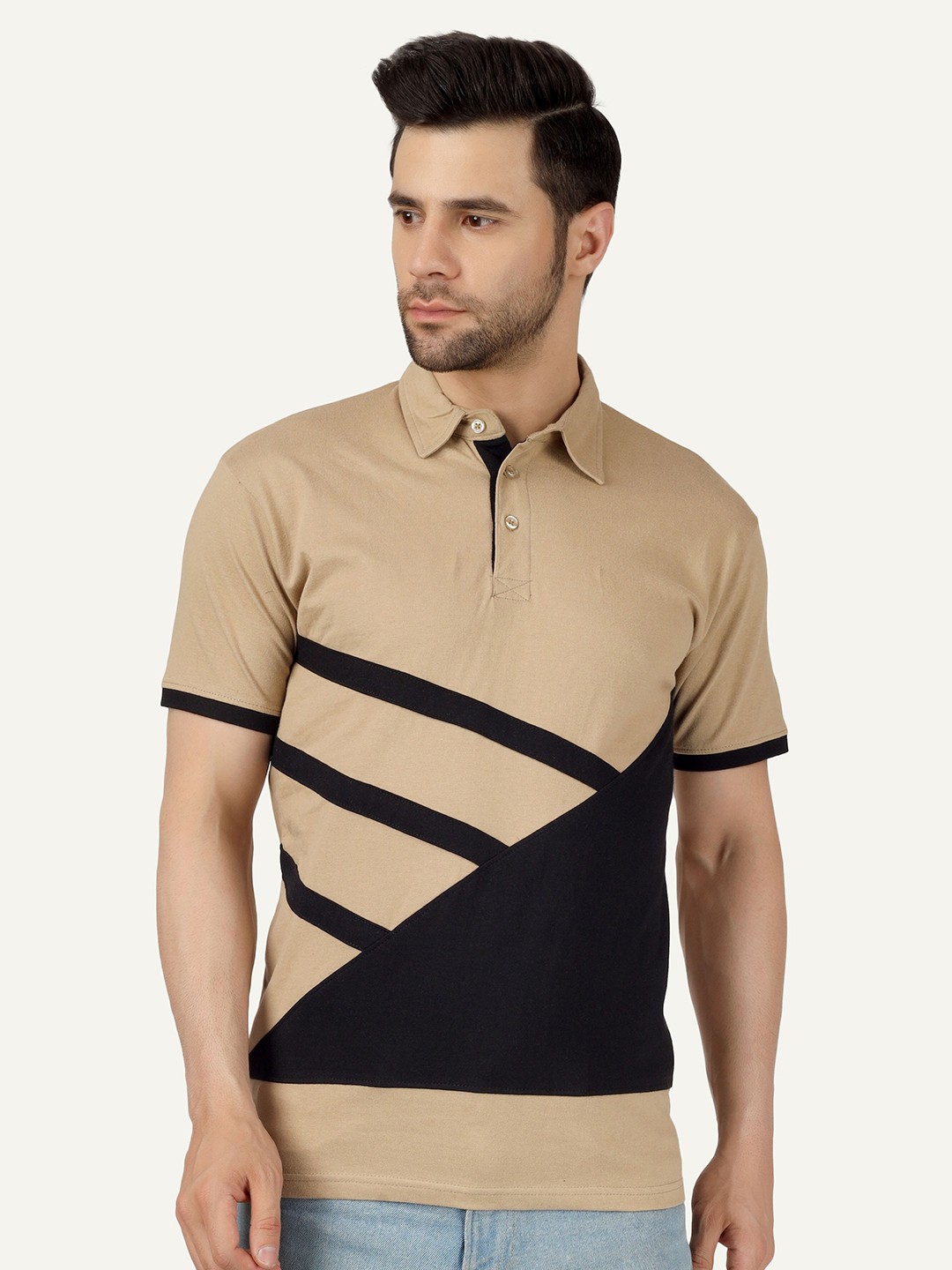 

Fleximaa Colourblocked Polo Collar Cotton T-shirt, Beige