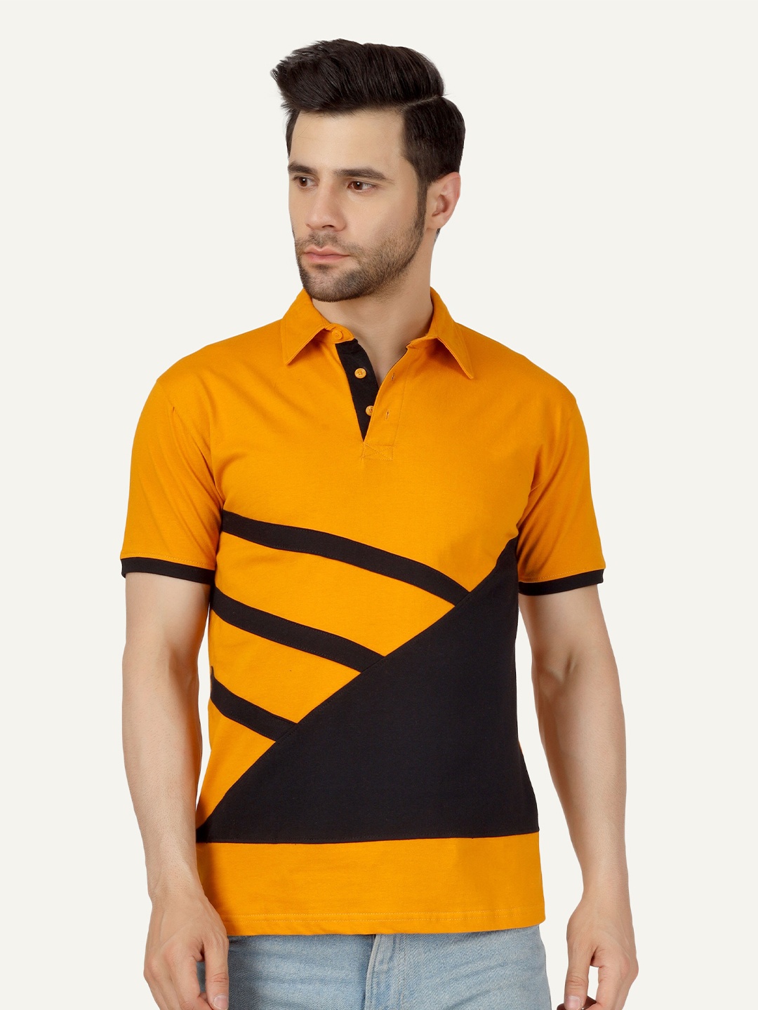 

Fleximaa Colourblocked Polo Collar Cotton T-shirt, Orange