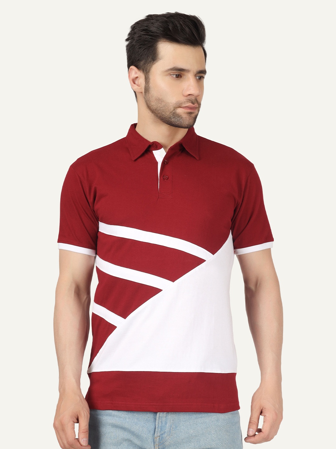 

Fleximaa Colourblocked Polo Collar Cotton T-shirt, Maroon
