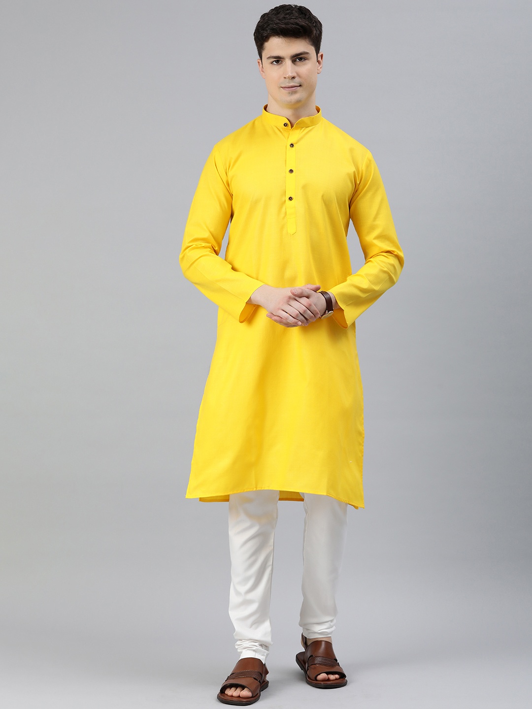 

ADBUCKS Men Regular Pure Cotton Kurta with Churidar, Yellow