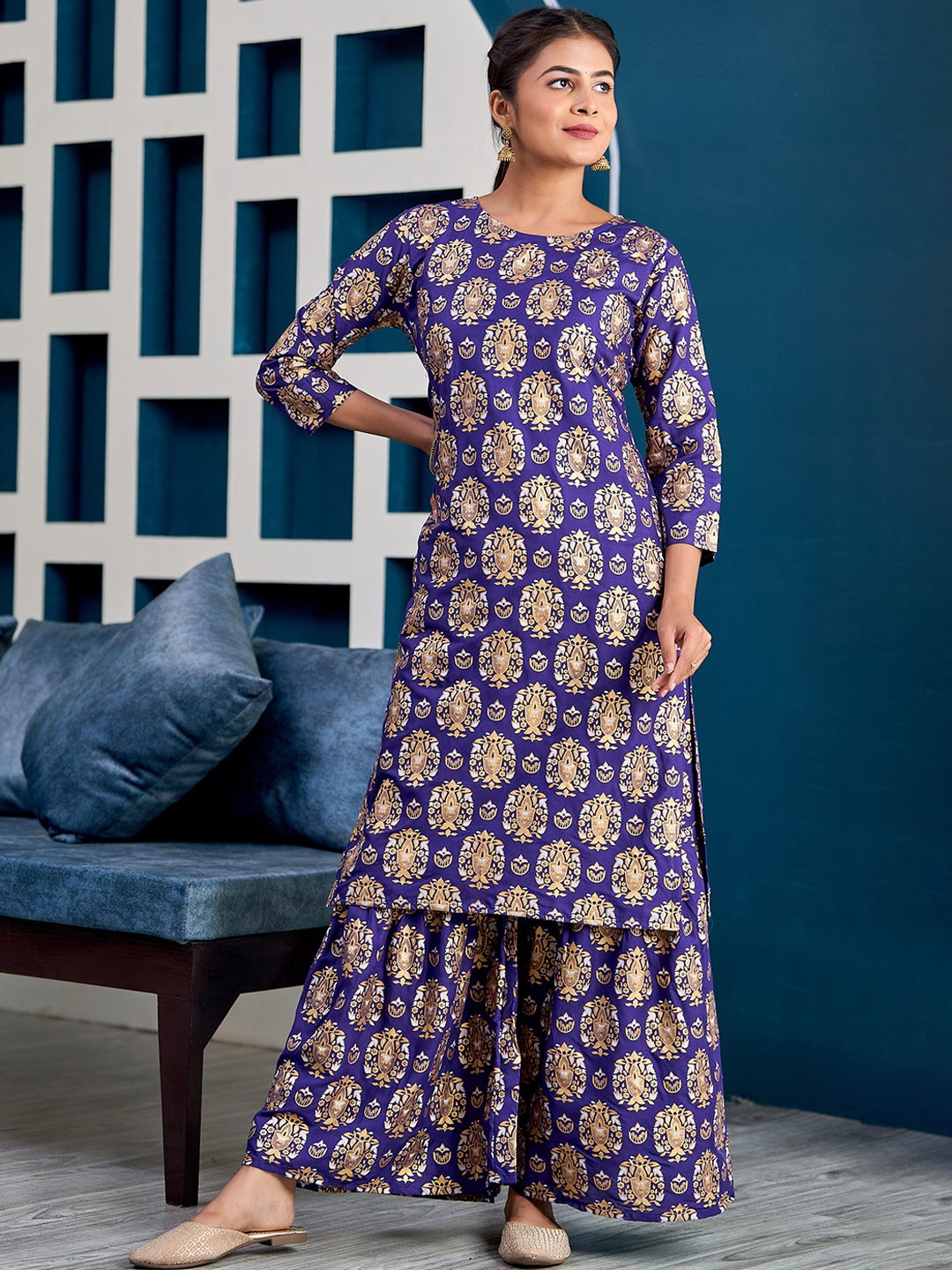 

Mialo fashion Ethnic Motifs Printed Kurta With Sharara, Blue