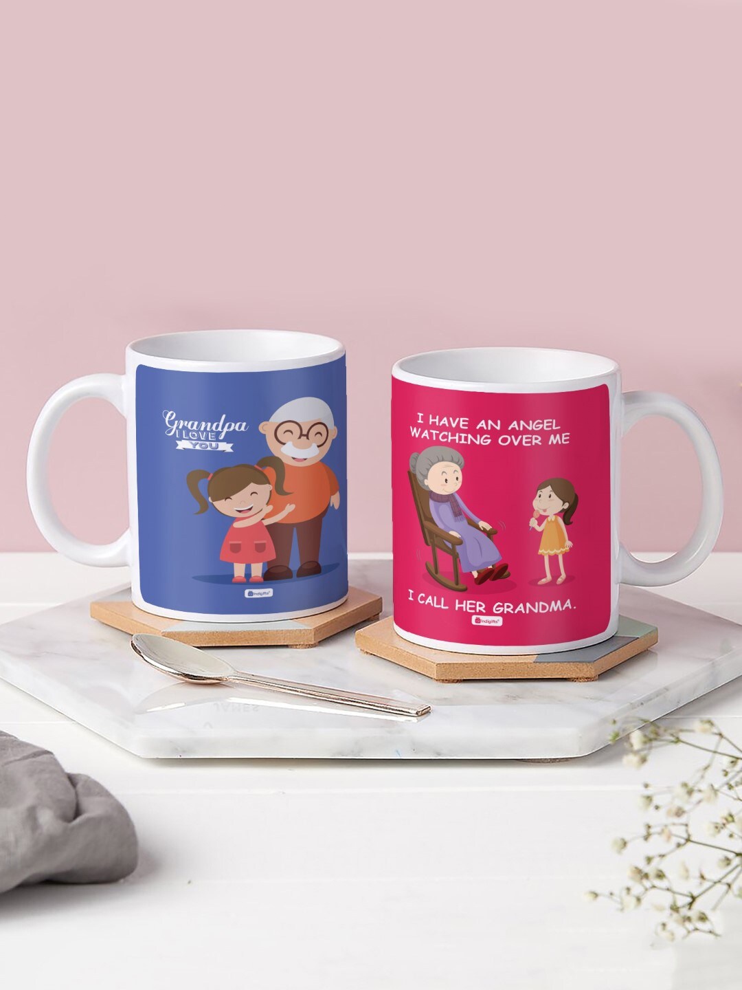 

Indigifts Pink & Blue 2 Pcs Have An Angel Printed Ceramic Glossy Coffee Mugs 325 ml Each