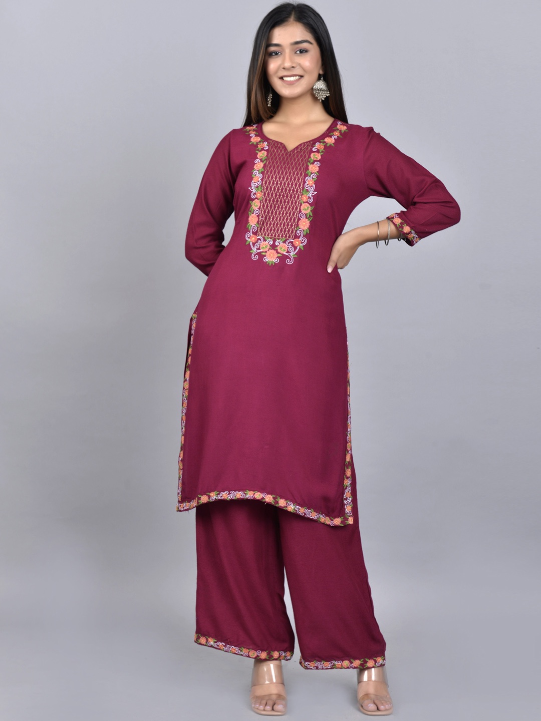 

KALINI Floral Yoke Design Notched Neck Kurta With Palazzos, Maroon