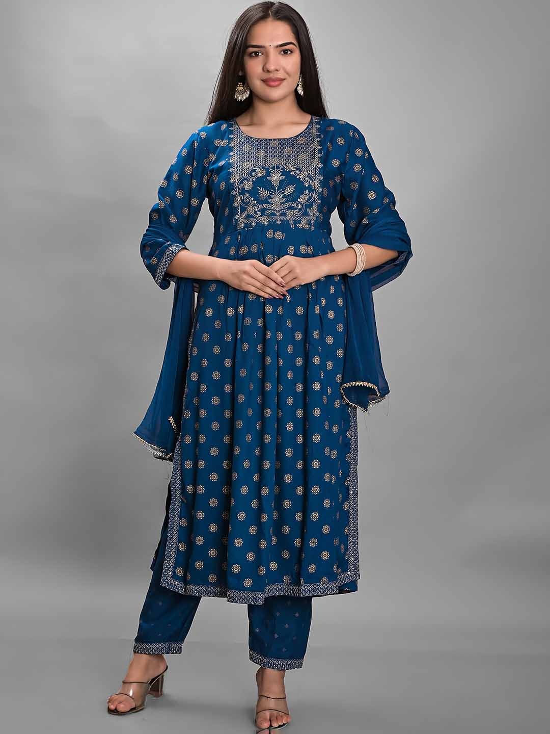 

KALINI Ethnic Motif Printed Sequinned A-Line Kurta With Palazzos & Dupatta, Blue