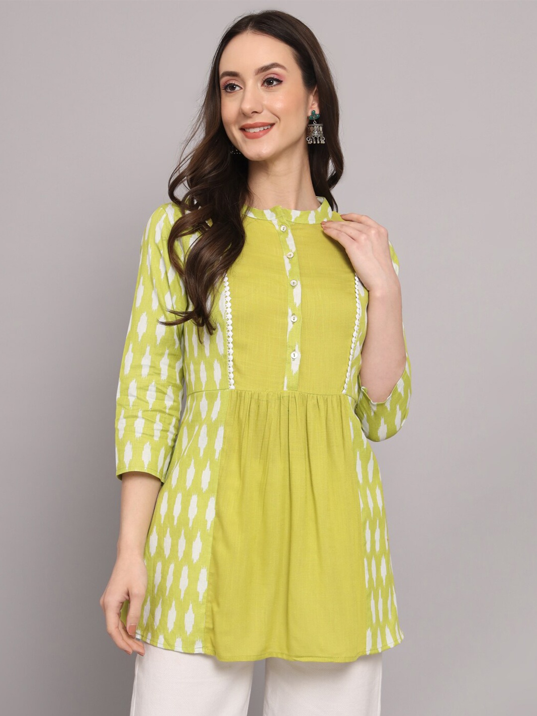 

Myshka Ethnic Motifs Printed Pure Cotton Pleated A-Line Kurti, Green