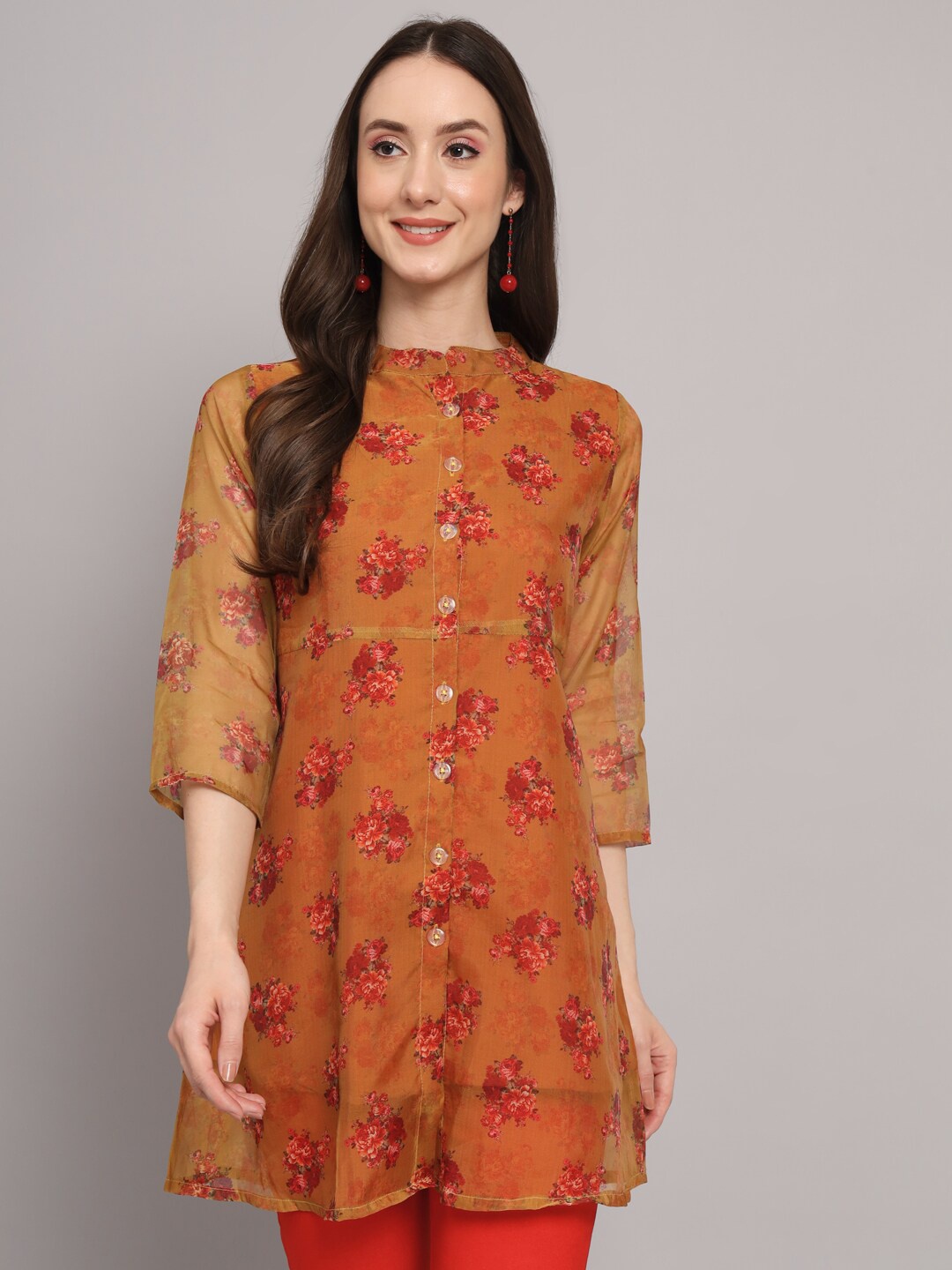 

Myshka Floral Printed Mandarin Collar A-Line Kurti, Mustard