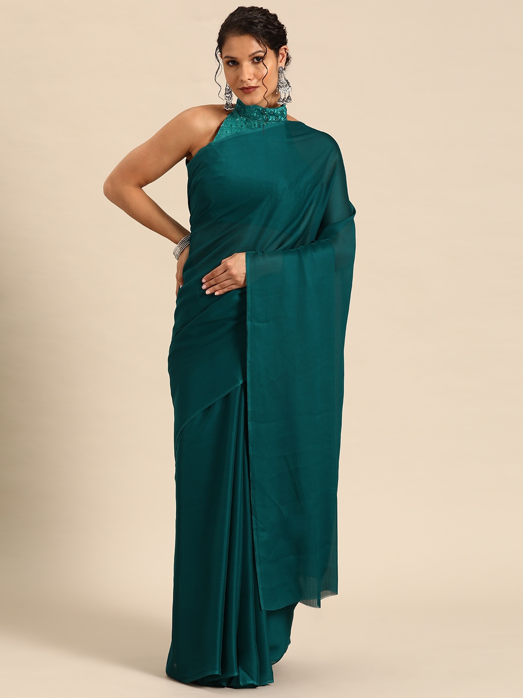 

GAJARAI Satin Saree With Blouse Piece, Teal