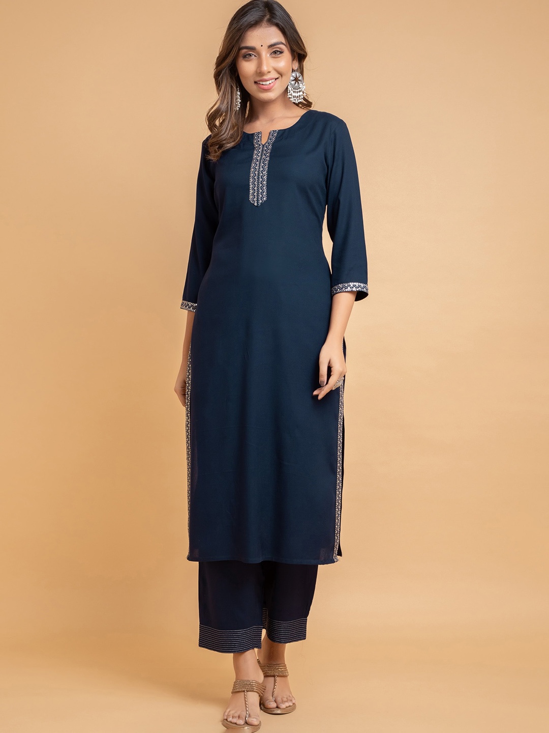 

SUTI Ethnic Motif Yoke Design Notched Neck Kurta With Trousers, Navy blue