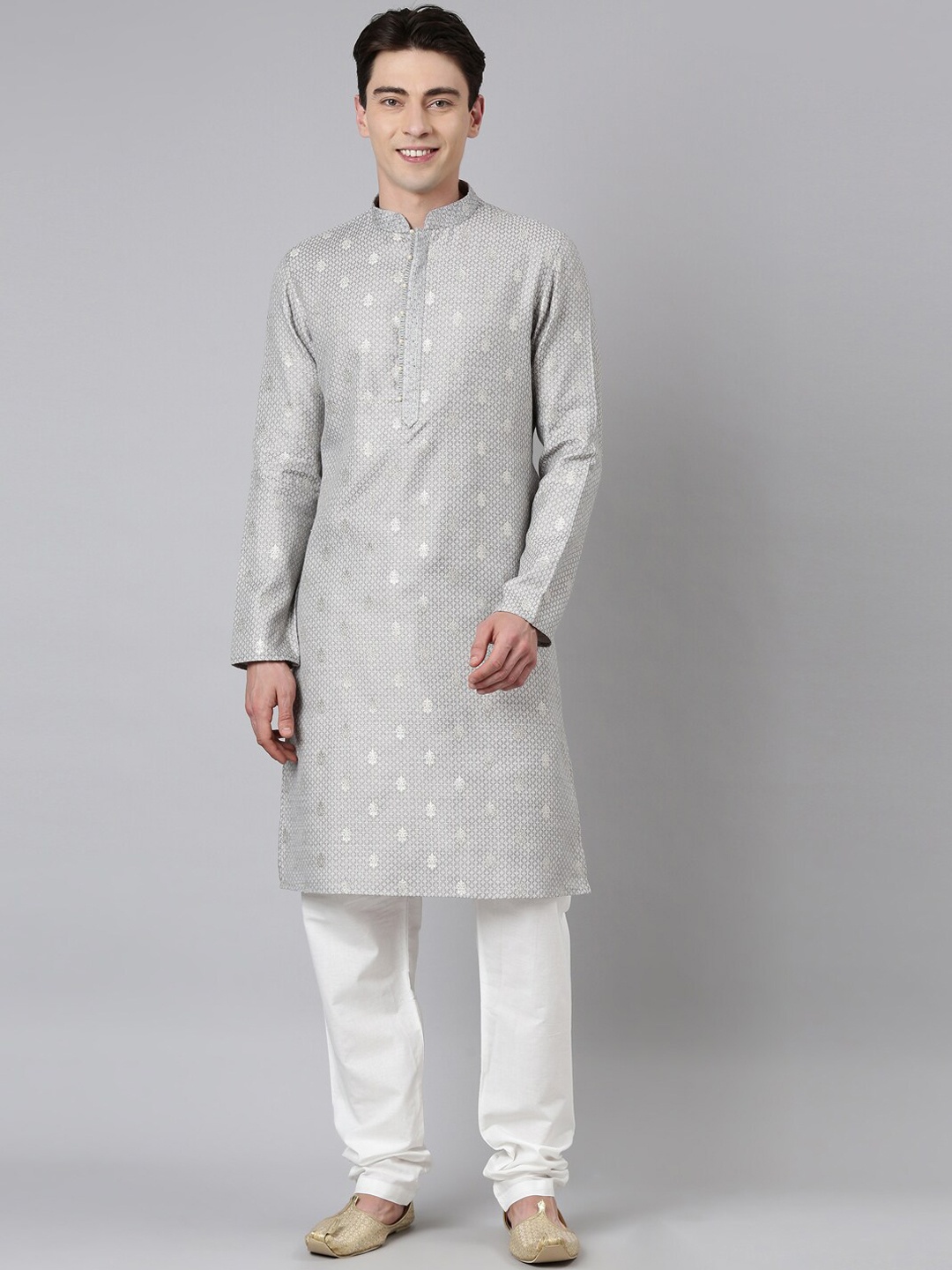 

TheEthnic.Co Ethnic Motifs Woven Design Chanderi Silk Kurta With Churidar, Grey