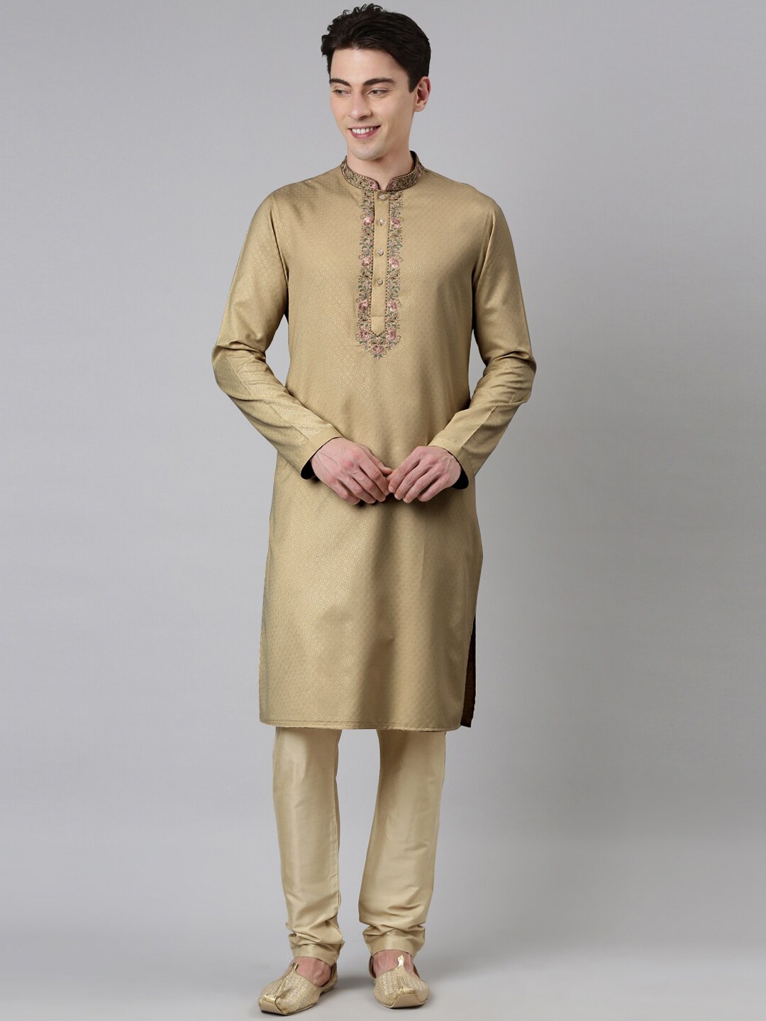 

TheEthnic.Co Ethnic Motifs Woven Design Thread Work Pure Cotton Kurta With Churidar, Beige