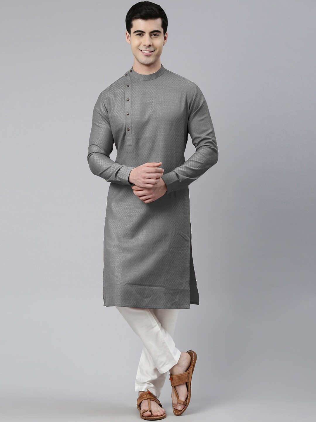 

TheEthnic.Co Geometric Woven Design Band Collar Pure Cotton Kurta With Churidar, Grey