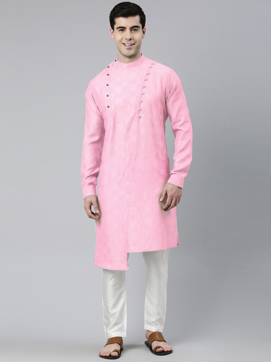

TheEthnic.Co Band Collar Pure Cotton Asymmetrical Kurta With Pyjamas, Pink
