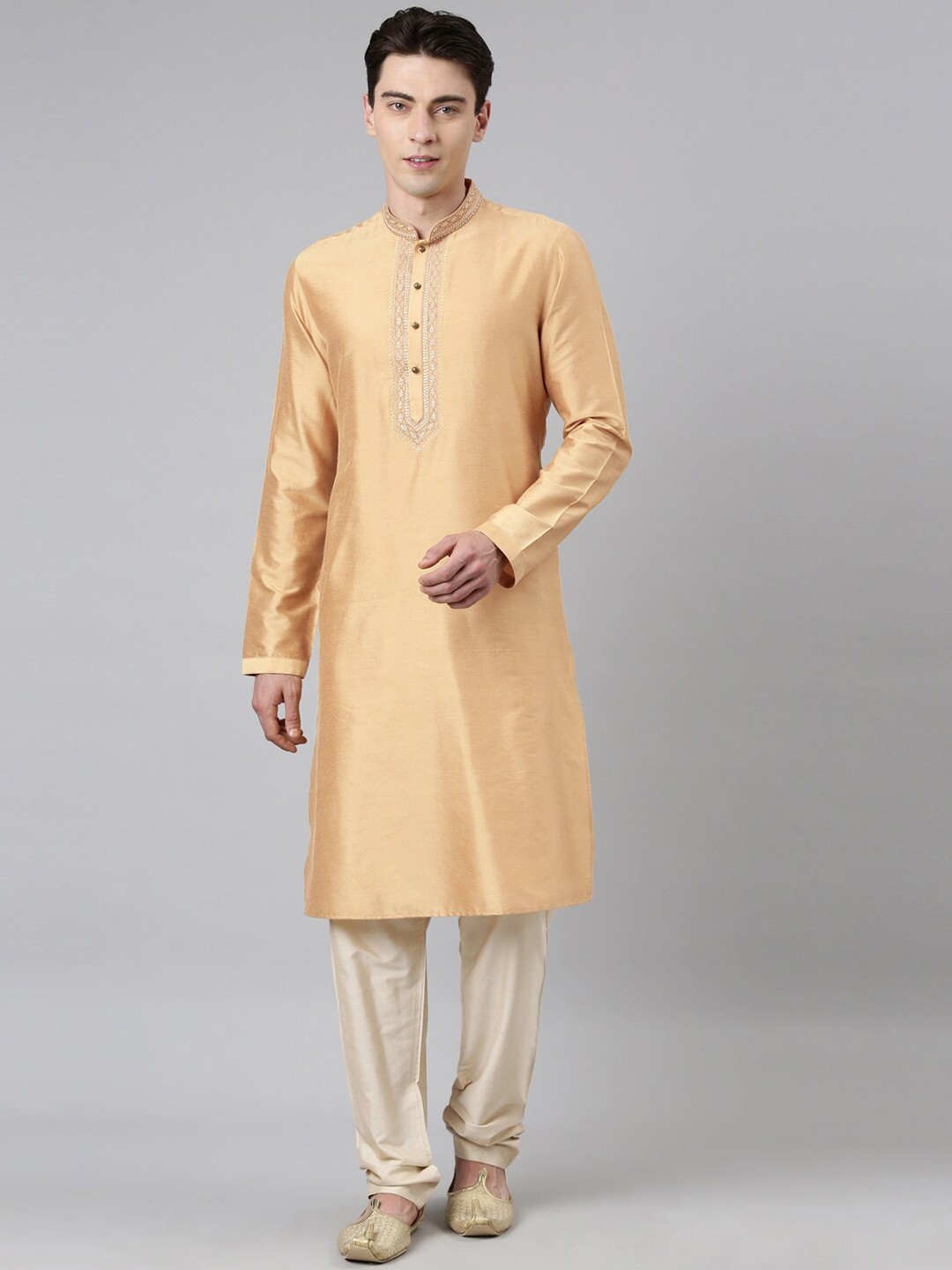 

TheEthnic.Co Mandarin Collar Straight Kurta With Churidar, Beige