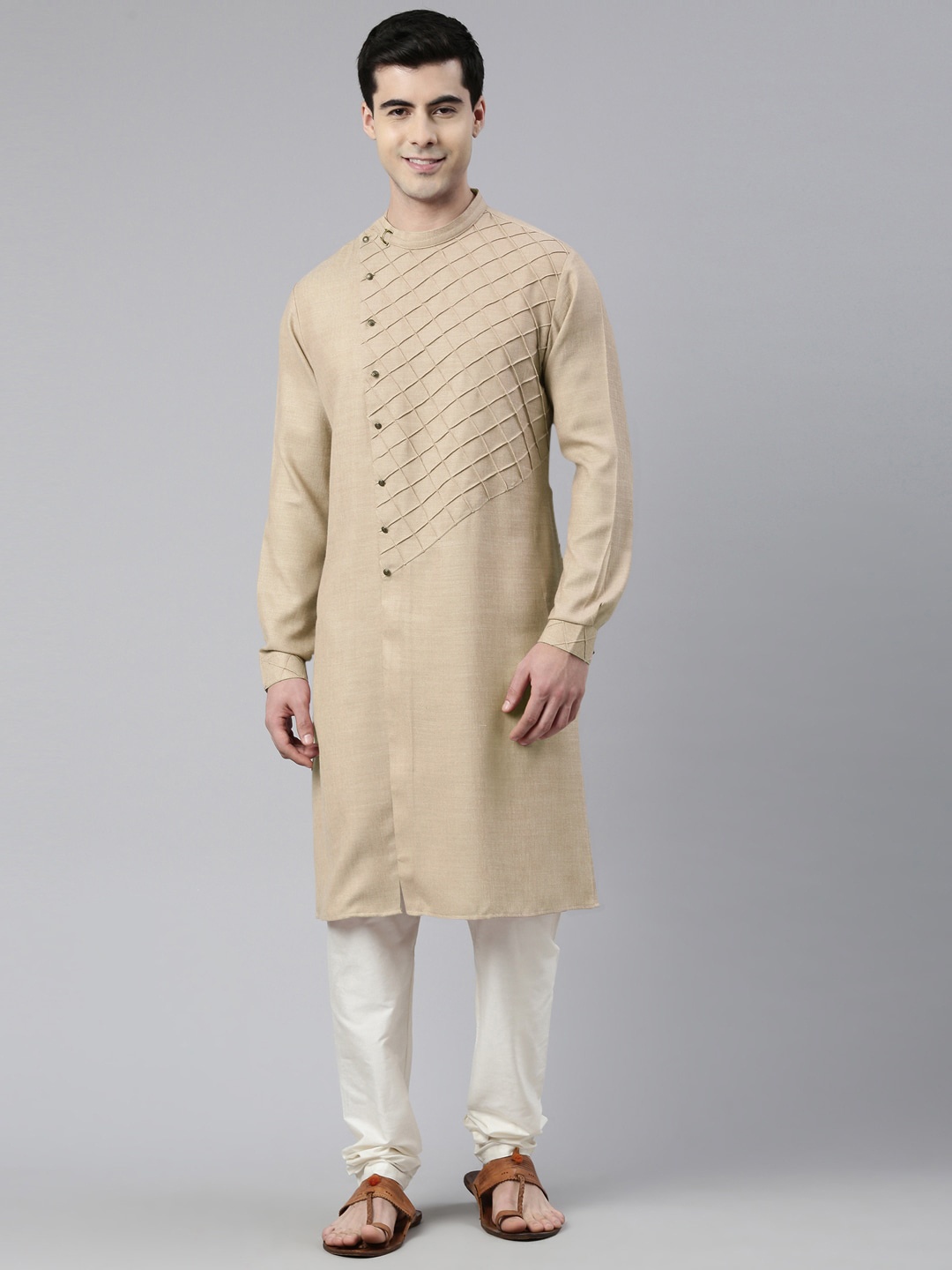 

TheEthnic Co Self Design Angrakha Denim Pure Cotton Kurta with Churidar, Beige