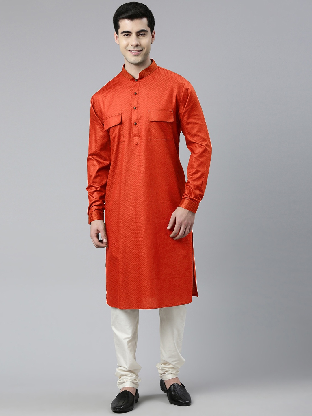 

TheEthnic.Co Woven Design Thread Work Pathani Pure Cotton Kurta with Churidar, Red