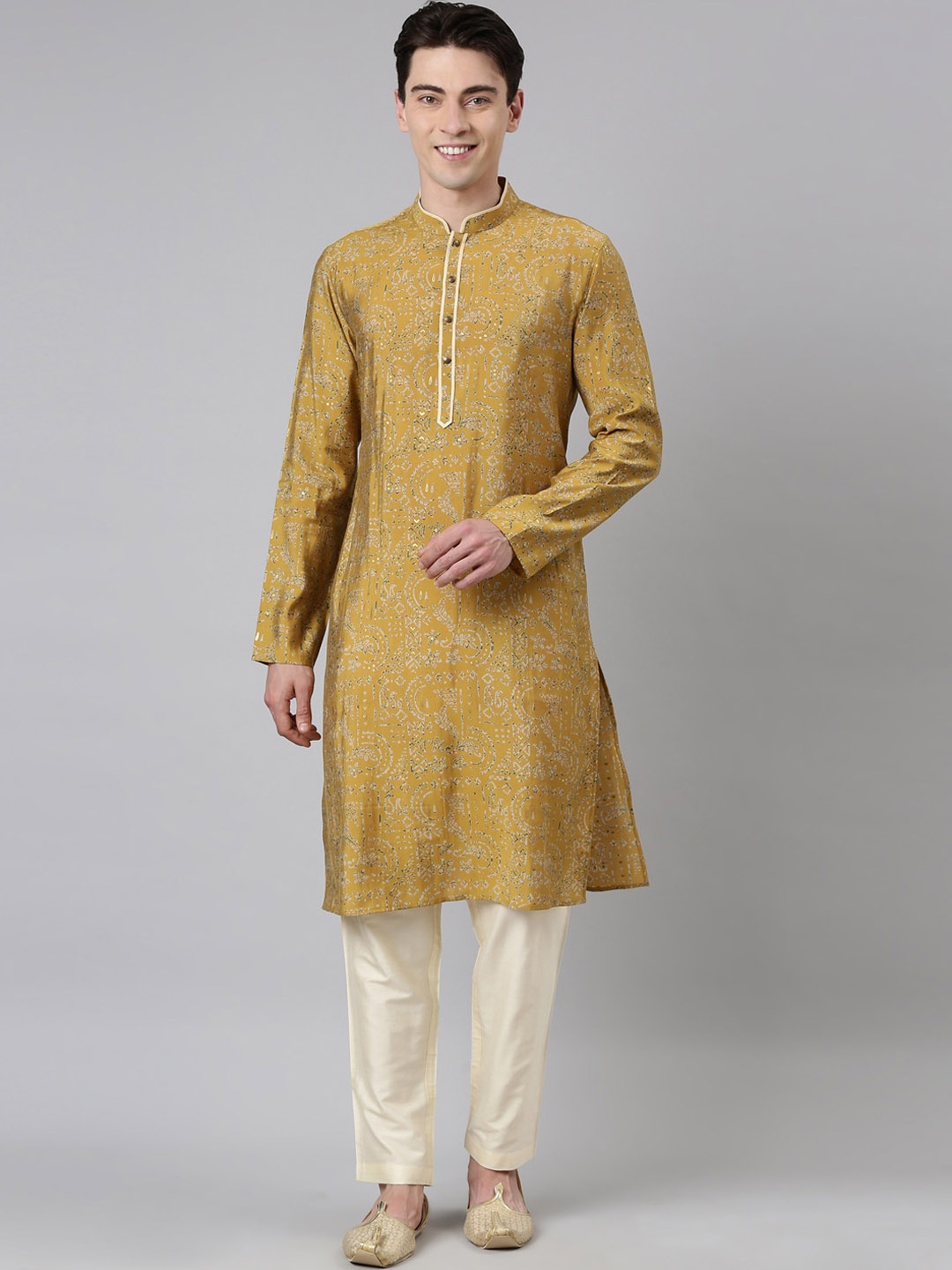 

TheEthnic.Co Mandarin Collar Ethnic Motifs Printed Straight Kurta with Churidar, Mustard