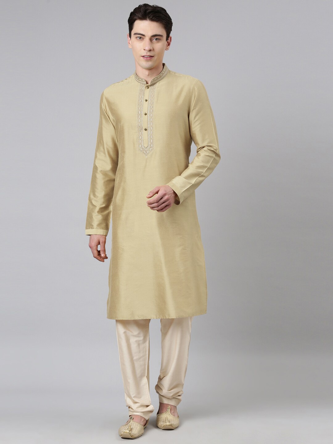 

TheEthnic.Co Mandarin Collar Ethnic Motifs Embroidered Kurta with Churidar, Taupe