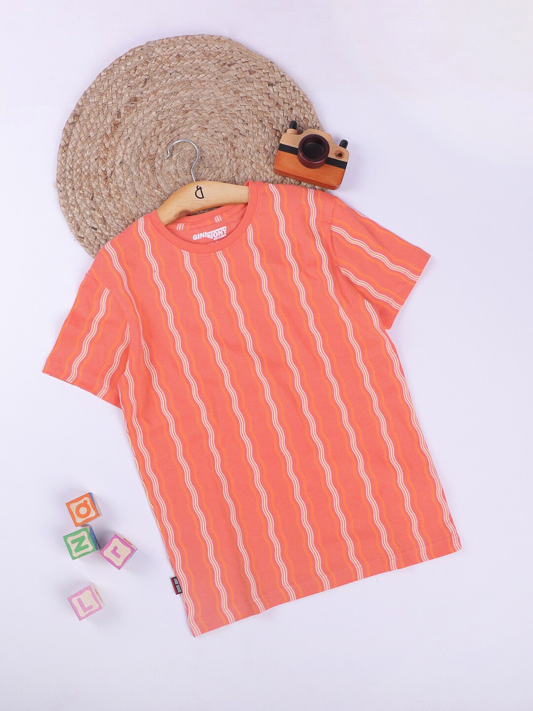 

Gini and Jony Boys Vertical Striped Cotton T-shirt, Coral
