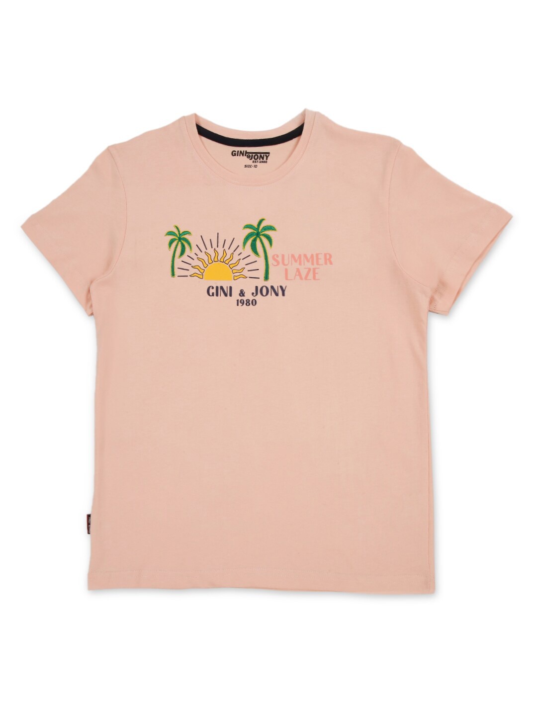 

Gini and Jony Boys Embroidered Graphic Printed Cotton T-shirt, Pink