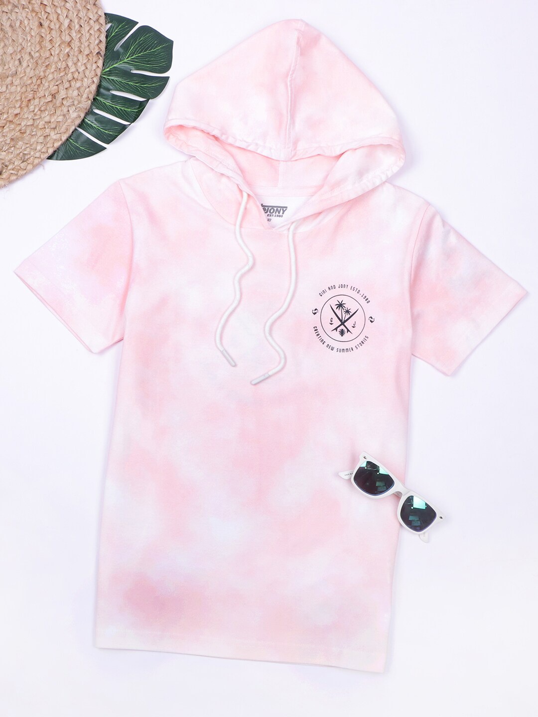 

Gini and Jony Boys Tie & Dyed Hooded Cotton T-shirt, Pink