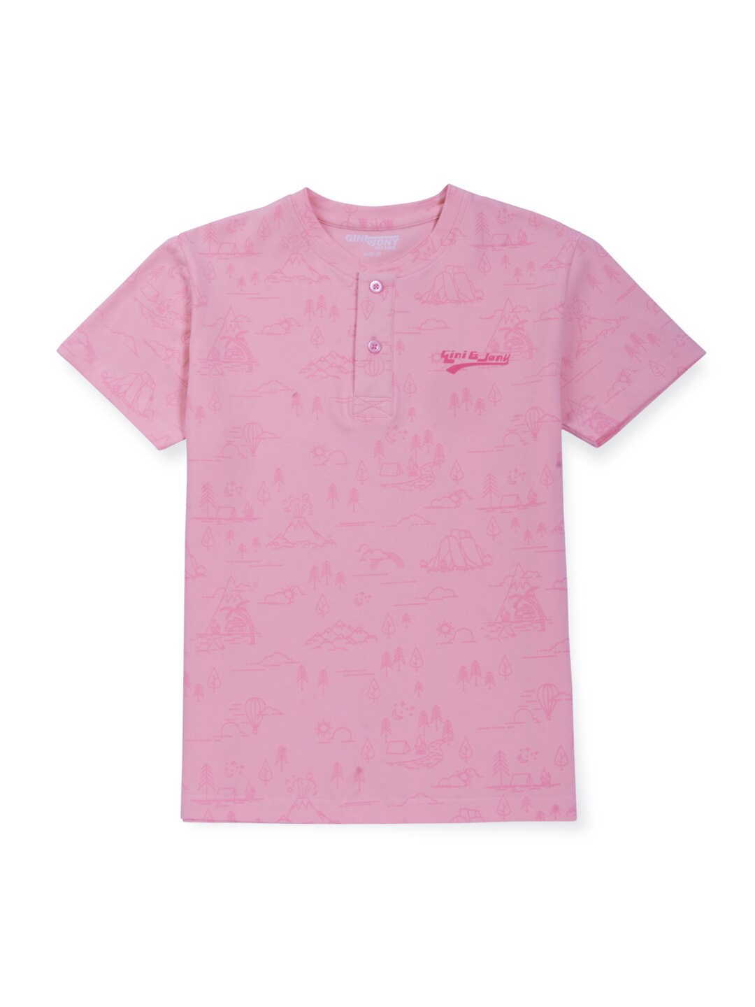

Gini and Jony Infant Boys Printed Henley Neck Cotton T-shirt, Pink
