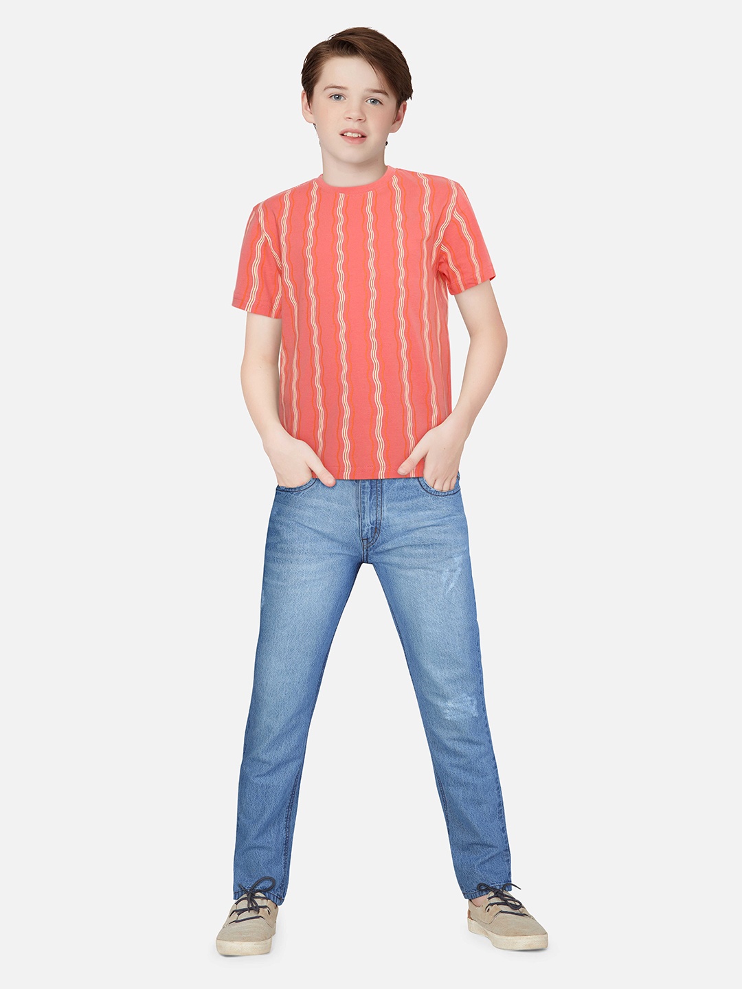 

Gini and Jony Boys Striped Cotton T-shirt, Coral