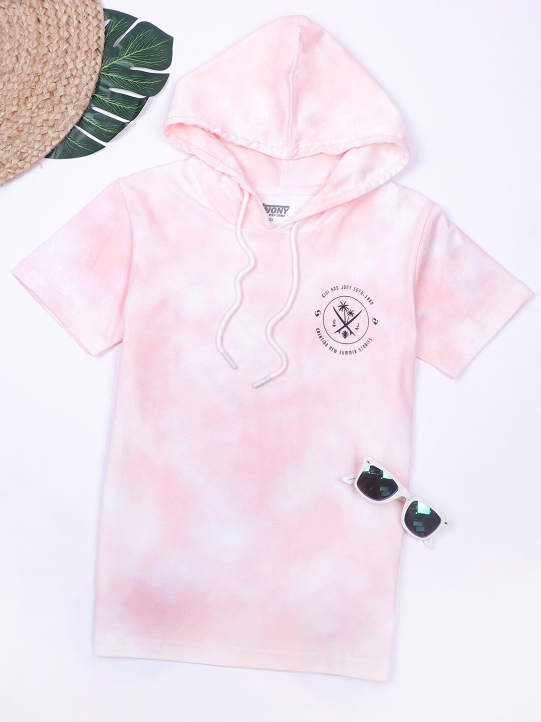 

Gini and Jony Boys Tie & Dyed Hooded Cotton T-shirt, Pink