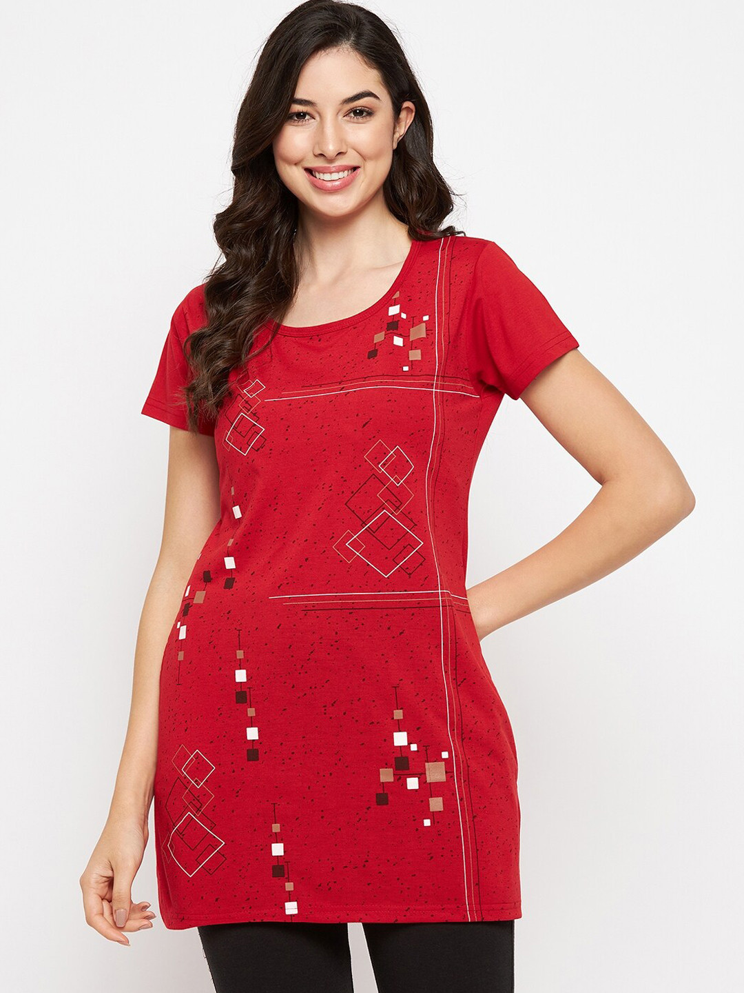 

VERO AMORE Plus Size Geometric Printed Round Neck Short Sleeves Lounge T-shirts, Red