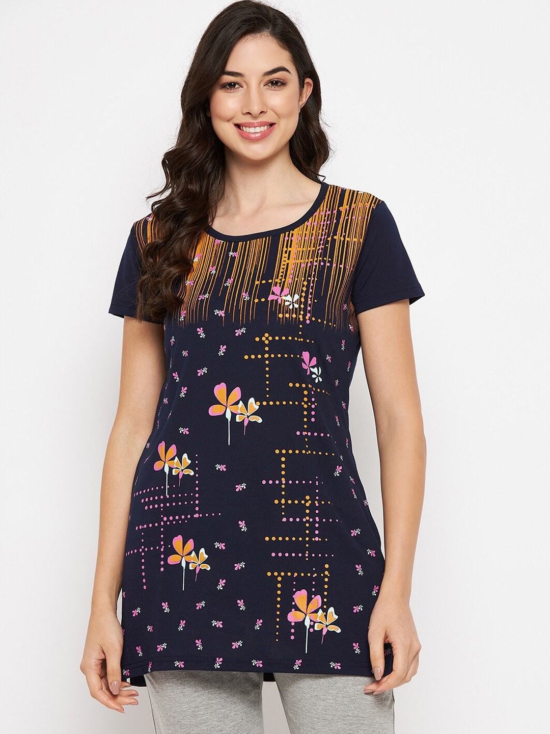 

VERO AMORE Women Printed Longline Lounge Tshirt, Navy blue