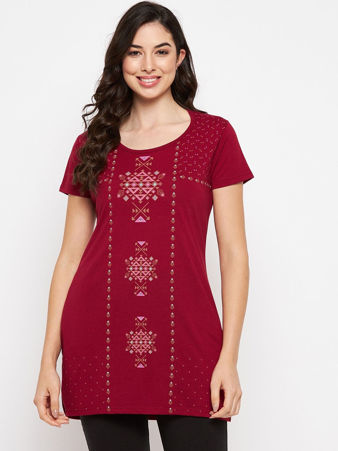 

VERO AMORE Printed Longline Lounge Tshirts, Maroon