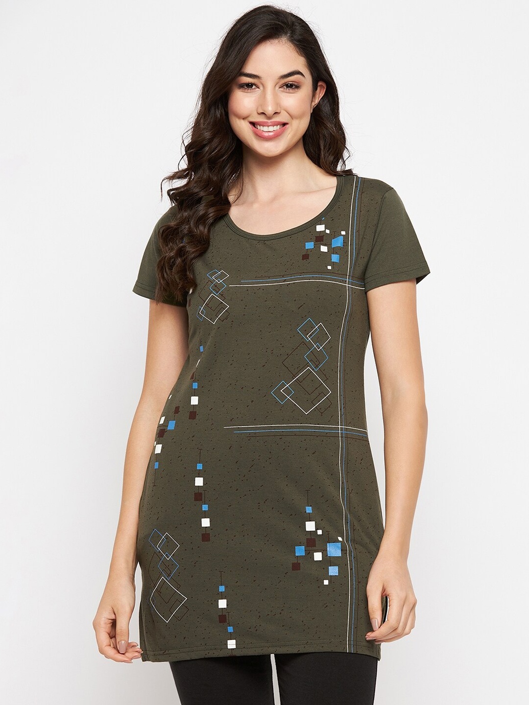 

VERO AMORE Printed Longline Lounge Tshirts, Olive