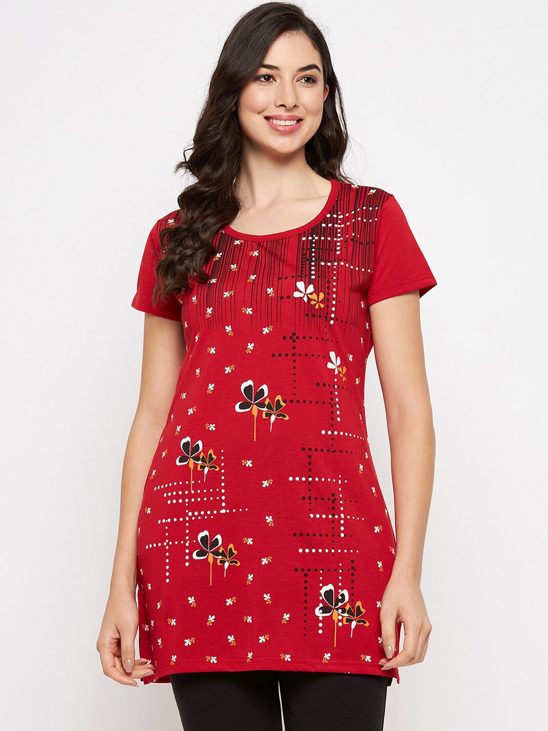 

VERO AMORE Floral Printed Longline Lounge Tshirts, Red