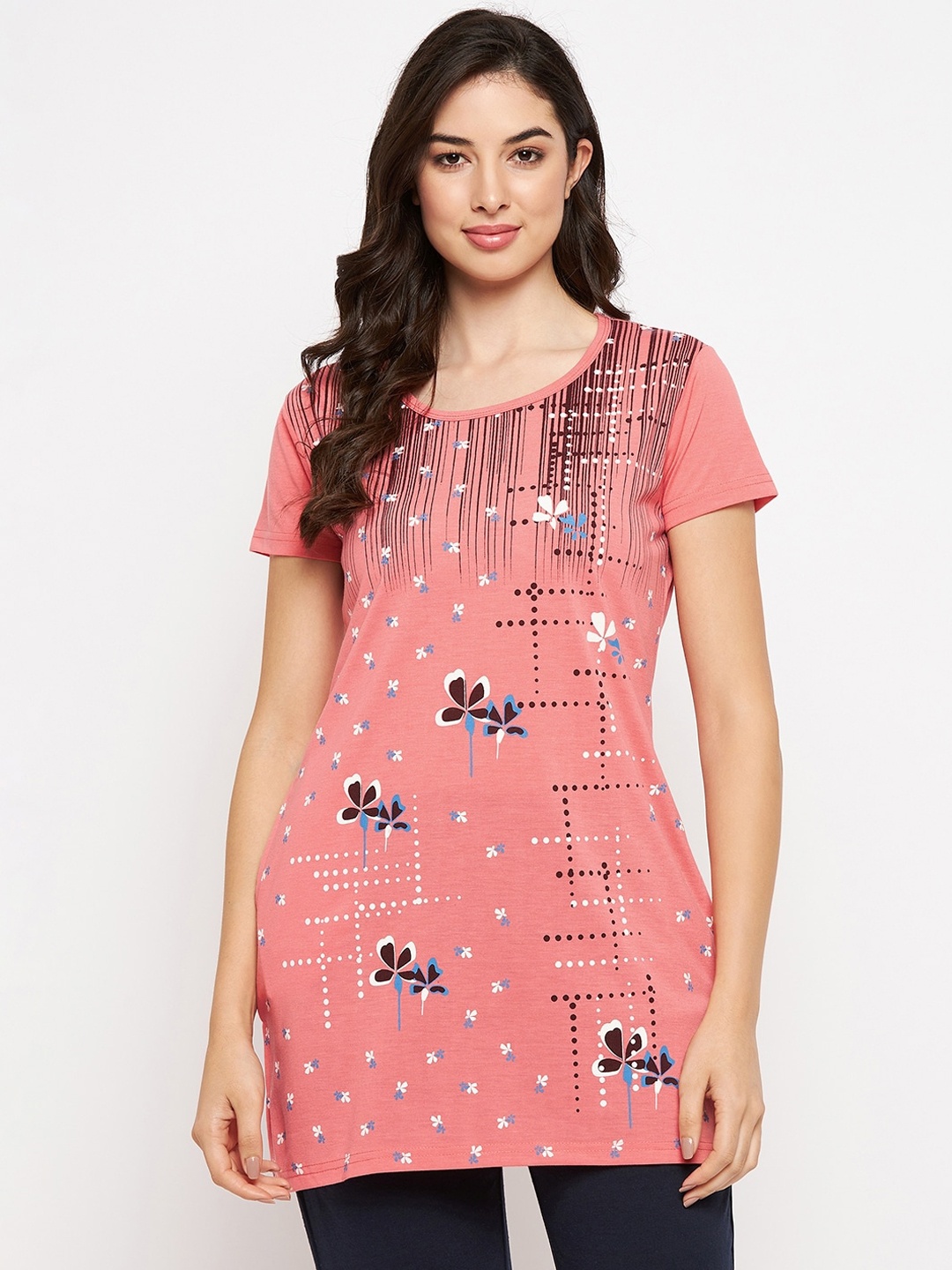 

VERO AMORE Women Plus Size Printed Longline Lounge Tshirt, Peach